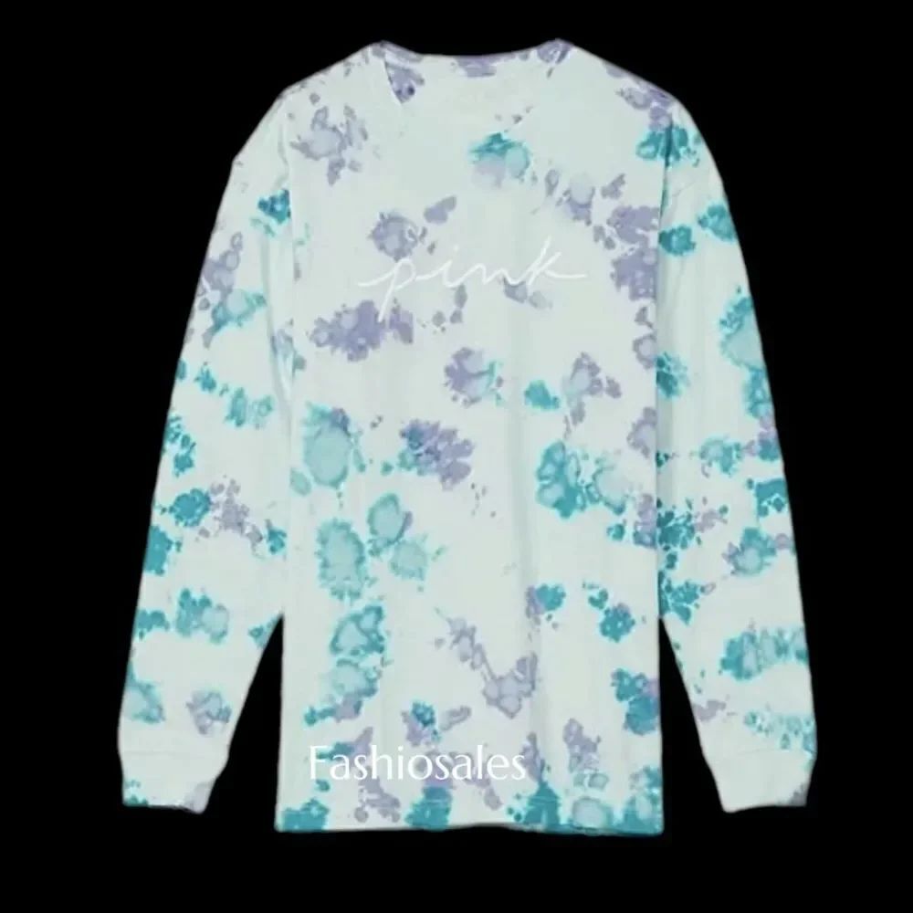 Victoria’s Secret Pink Campus Long Sleeve Oversized Crew Neck Tee Shirt tie dye
